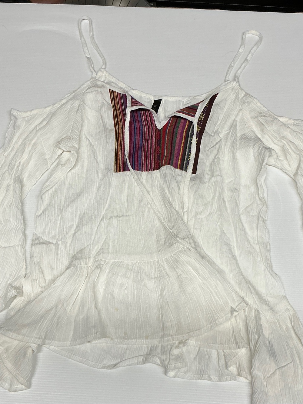 Full Tilt White Cold-Shoulder Camisole with Multicolor Striped Yoke